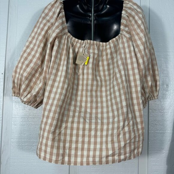 Faherty Cali Check Puff Sleeve Beige Gingham Organic Cotton Top Size Medium NWT - Picture 6 of 9